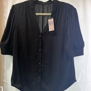 Tahari Black Flowy Blouse Button Up  Short Elbow Puff Sleeves Split Open Collar
